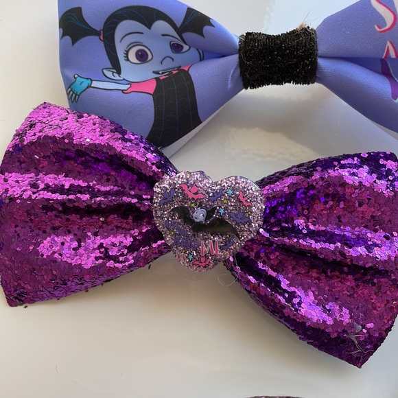 [ Disney Vamperina Handcrafted Glittery Purple Ribbon Hair Bows ] Set of 4 - Picture 4 of 6